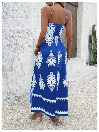 51t8xazz9L.jpg Women's Summer Printed Maxi Dress V Neck Spaghetti Strap Split Flowy Cami Dresses Sundress
