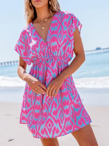 Women's Swimsuit Coverup Casual V Neck Beach Dress Short Sleeve Elastic Waist Swimwear Cover Ups 2025 Beachwear