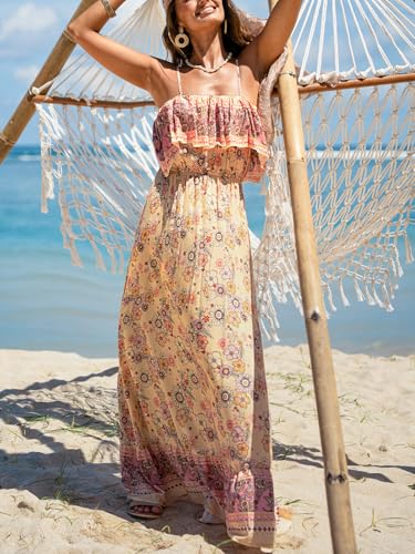 Women Ruffle Floral Summer Dress Spaghetti Strap Backless Flounce Casual Sundress Beach Holiday Maxi Dress