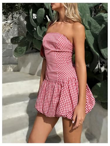 51tkMhFVdGL.jpg Women's Plaid Strapless Bubble Dress Sleeveless Ruffle Mini Tube Dresses