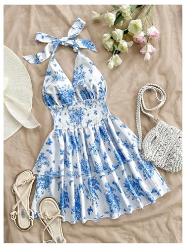 51tqSxKivvL.jpg Women's Sundresses Boho Halter V Neck Backless Ruffle Flowy Summer Beach Mini Dress
