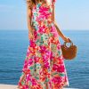 Women's Floral Square Neck Sleeveless Ruffle Trim Backless Tie Twisted Summer Beach Maxi Dress