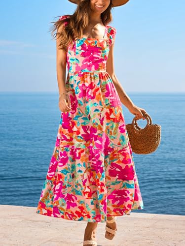 Women's Floral Square Neck Sleeveless Ruffle Trim Backless Tie Twisted Summer Beach Maxi Dress