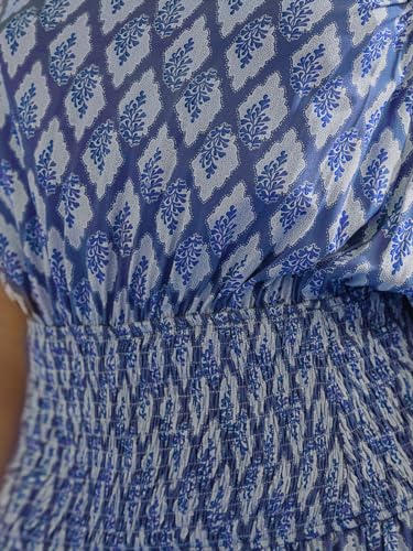 51uGkTaiZyL.jpg Women's Maxi Dress One Shoulder Sleeveless Smocked Floral Printed Self Tie Boho Long Dress Summer Dress Blue Floral, S