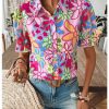 Women's Floral Print Button Down Blouse Ruffle Short Puff Sleeve Boho Tops