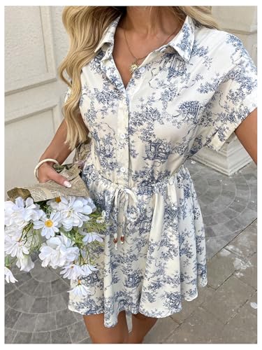 Women's Floral Print Button Short Sleeve Summer Boho Flowy Short Dress Beach Vacation Clothes
