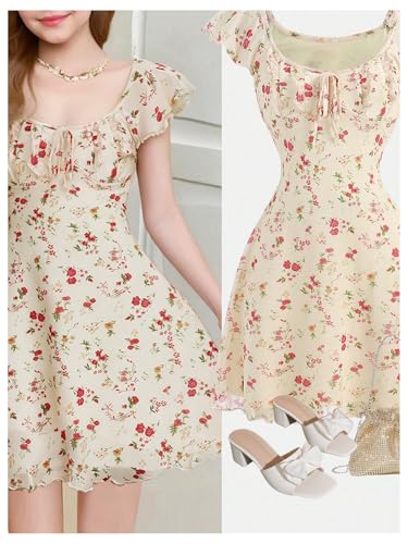 Girl's Floral Print Mesh Summer Dresses Tie Front Ruffle Sleeve A Line Short Dress