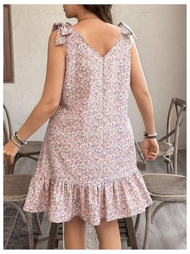Women's Plus Size Sleeveless V Neck Tie Knot Shoulder Summer Ruffle Floral Dress Short Sundress