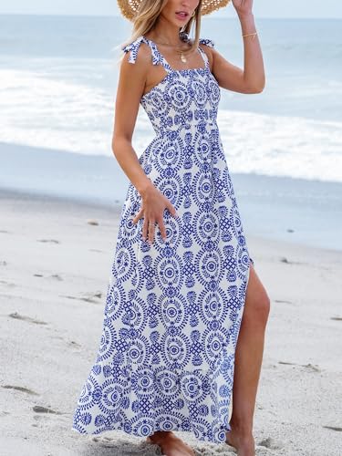 51v1h37x5fL.jpg Women's Maxi Dress Casual Smocked Straps Paisley Ruffled Slit A Line Long Beach Summer Dress