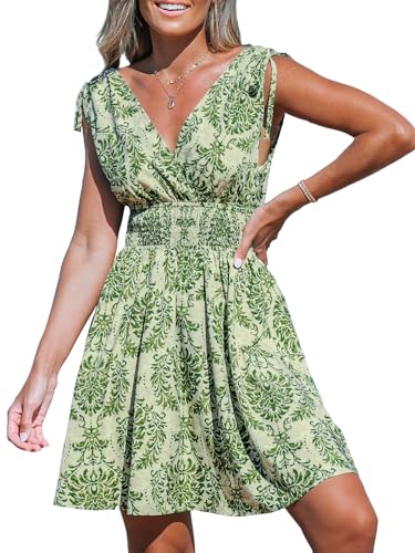 Women's Mini Dress V Neck Sleeveless Paisley Smocked Waist Short Casual Summer Dress