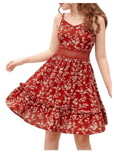Girl's Floral Print Ruffle Hem Sleeveless Summer Cami Dresses