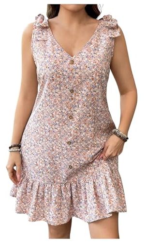 Women's Plus Size Sleeveless V Neck Tie Knot Shoulder Summer Ruffle Floral Dress Short Sundress