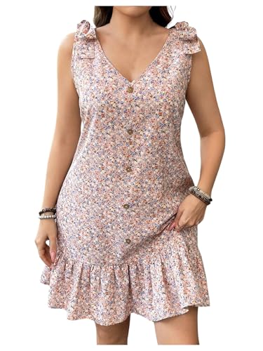 Women's Plus Size Sleeveless V Neck Tie Knot Shoulder Summer Ruffle Floral Dress Short Sundress