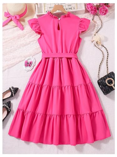 Girl's Ruffle Trim Dress High Waist A Line Casual Party Dress with Belt