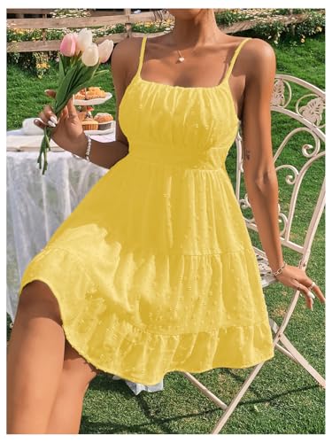 51wuXoldJmL.jpg Women's Swiss Dots Sleeveless Ruched Bust Ruffle Hem Cami Short Dress