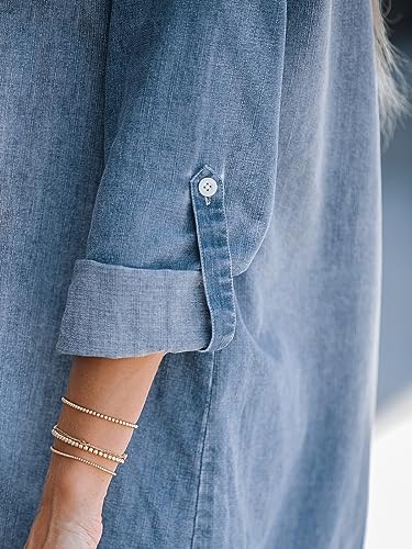 Women's Long Sleeve Denim Shirt Dress Casual V Neck Mini Distressed Roll Tab Jean Dresses