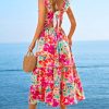 Women's Floral Square Neck Sleeveless Ruffle Trim Backless Tie Twisted Summer Beach Maxi Dress