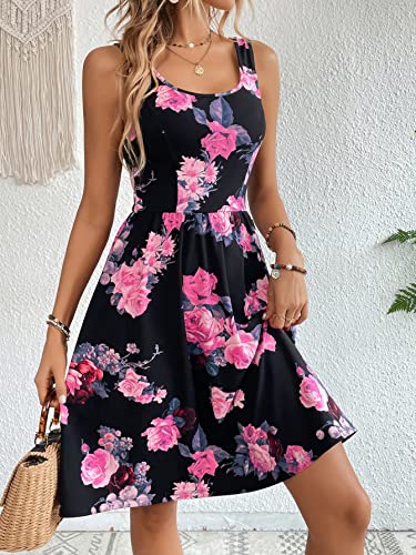 51xQZ8kxH9L.jpg Women's Boho Floral Print Scoop Neck Tank Dress Summer Ruffle A Line Knee Length Dresses