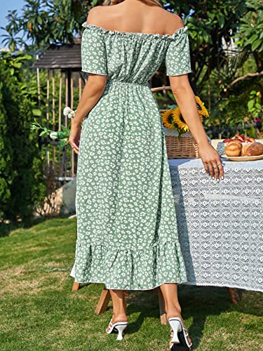51xbxHjnobL.jpg Dress for Women Maxi Dresses Off Shoulder Ditsy Floral Print Short Sleeve Frill A Line Dress