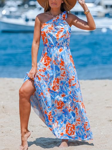 Women's Summer Dresses Abstract Floral One Shoulder A Line Smocked Tiered Maxi Dress