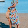 Women's Off The Shoulder Ruffled Short Sleeve Smocked Paisley Beach Midi Dress