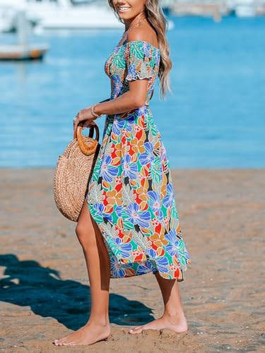 Women's Off The Shoulder Ruffled Short Sleeve Smocked Paisley Beach Midi Dress