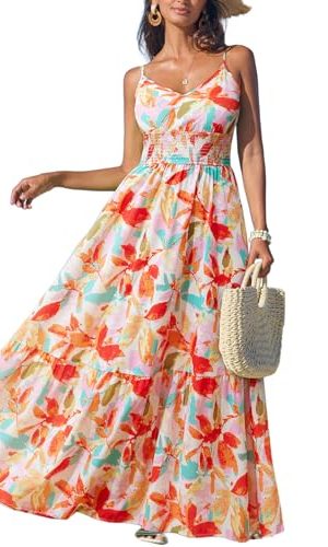 51yMIL0Pk7L.jpg Women's Vacation Summer Dresses Tropical V Neck Elastic Waist Sleeveless Spaghetti Strap Smocked Maxi Dress