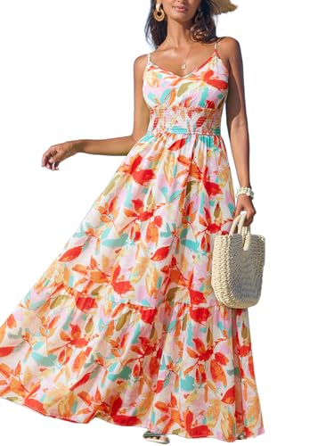 51yMIL0Pk7L.jpg Women's Vacation Summer Dresses Tropical V Neck Elastic Waist Sleeveless Spaghetti Strap Smocked Maxi Dress