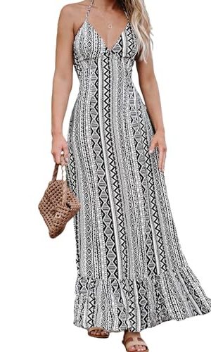 Women's Backless Halter Neck Dress Spaghetti Strap Tie Dress Smocked Waist Flounce Hem Maxi Dresses