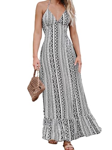 Women's Backless Halter Neck Dress Spaghetti Strap Tie Dress Smocked Waist Flounce Hem Maxi Dresses
