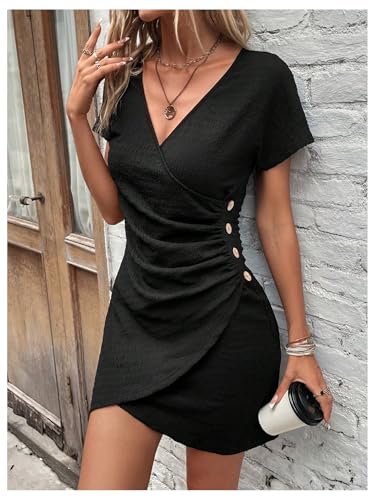 Women's Summer Ruched Wrap Mini Dresses V Neck Short Sleeve Wrap Bodycon Dress