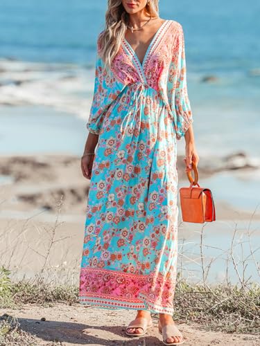 51z2ae7ydzL.jpg Women's Plunging V Neck Paisley Boho Backless Beach Dress Blouson Sleeve Back Tie Waist Tie Maxi Summer Dresses