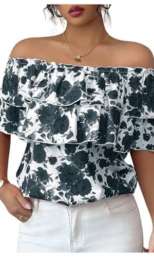 51zUVPaK3VL.jpg Women's Off The Shoulder Ruffle Short Sleeve Floral Print Summer Blouse Tops