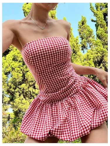 51ztQLa2WQL.jpg Women's Plaid Strapless Bubble Dress Sleeveless Ruffle Mini Tube Dresses