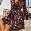 6158g8h4PXL.jpg Women's Floral Print Long Lantern Sleeve V Neck Wrap Dress High Waist A Line Ruffle Short Dress