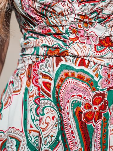 Women's Ruffle Beach Dress Paisley V Neck Short Sleeve Pleated High Waist Maxi Summer Dresses