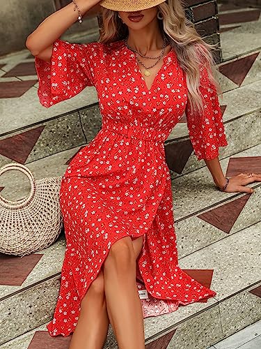 61Cot4hQe2L.jpg Women's Half Sleeve Floral Print Wrap Dress Boho V Neck Flowy A Line Midi Dresses