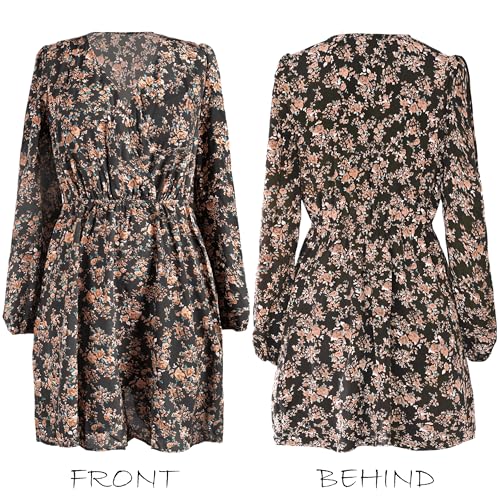 Women Floral Ruffle Summer Dress Surplice V Neck Long Peasant Sleeve Elastic Waist Flowy Casual Holiday Mini Dress