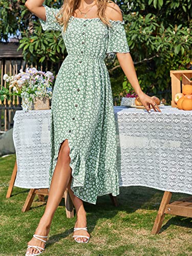 61SyXpJKUzL.jpg Dress for Women Maxi Dresses Off Shoulder Ditsy Floral Print Short Sleeve Frill A Line Dress