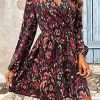 61U3E084iBL.jpg Women's Floral Print Long Lantern Sleeve V Neck Wrap Dress High Waist A Line Ruffle Short Dress