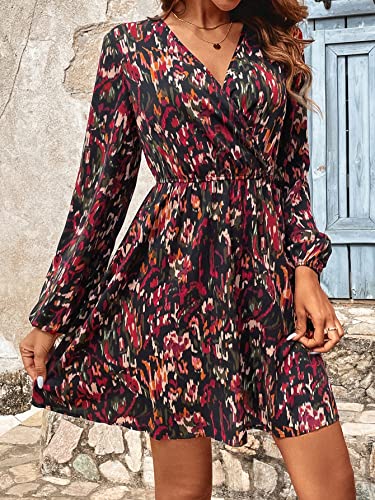 61U3E084iBL.jpg Women's Floral Print Long Lantern Sleeve V Neck Wrap Dress High Waist A Line Ruffle Short Dress