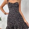 Women's Boho Floral Print Tie Shoulder Cami Mini Dress A Line Ruffle Hem Short Dresses