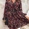 61WmjXyFSML.jpg Women's Floral Print Long Lantern Sleeve V Neck Wrap Dress High Waist A Line Ruffle Short Dress