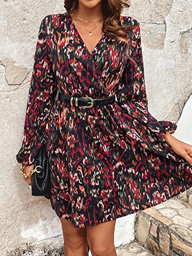 61WmjXyFSML.jpg Women's Floral Print Long Lantern Sleeve V Neck Wrap Dress High Waist A Line Ruffle Short Dress