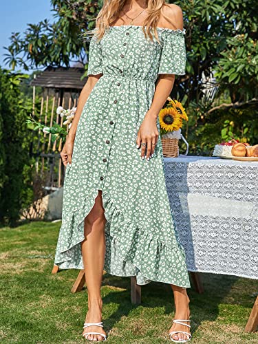 61aULxAv9KL.jpg Dress for Women Maxi Dresses Off Shoulder Ditsy Floral Print Short Sleeve Frill A Line Dress