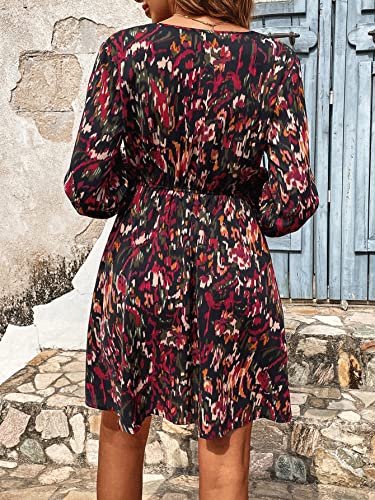 61oFmkommZL.jpg Women's Floral Print Long Lantern Sleeve V Neck Wrap Dress High Waist A Line Ruffle Short Dress