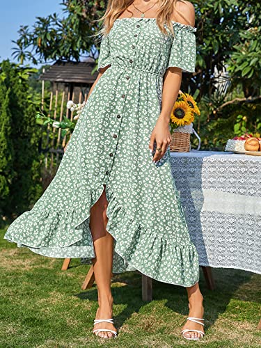61r2FuYcLQL.jpg Dress for Women Maxi Dresses Off Shoulder Ditsy Floral Print Short Sleeve Frill A Line Dress